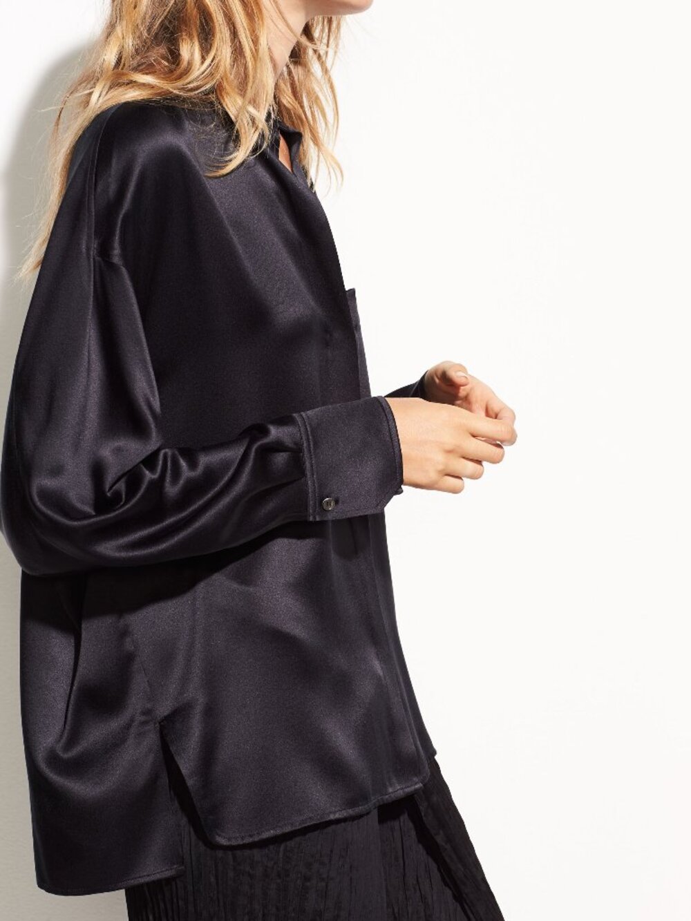 NWT Vince Single Pocket Satin Silk Blouse in Black Size S $295